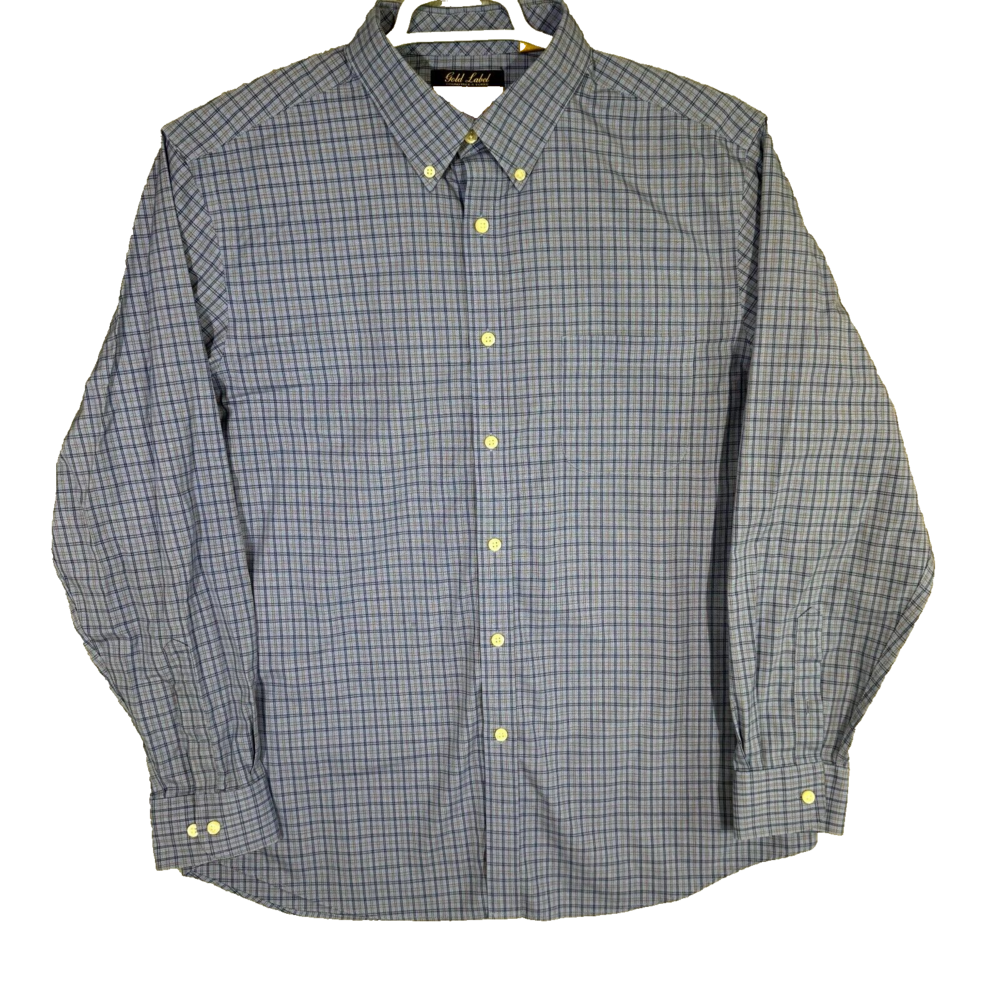 Gold Label Men's Shirt XL Blue Plaid Trim 100% Cotton Non-Iron Performance